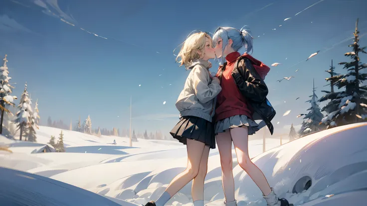 rustic，Heavy snow，Snow，two girls，a light blond hair，a sky blue hair，Embrace，kiss，Pure：1.5，slim，16 years old，wearing a turtleneck sweater，jacket，Pleated skirt，Bare legs，White socks，Very thin，The legs are very thin，Thin legs，whole body