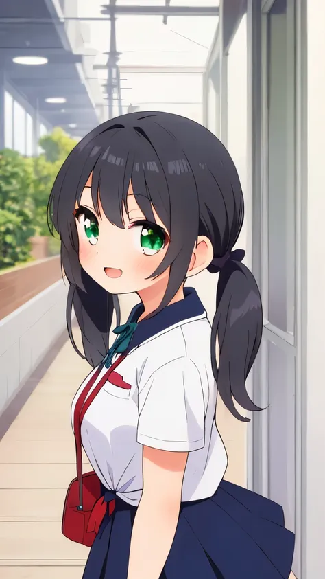 1 girl,(((beautiful girl))),(((Two knots,low twintail))),Black Hair,emerald eye,School corridor,smile,close mouth,from side,medium breasts:1.5,curby