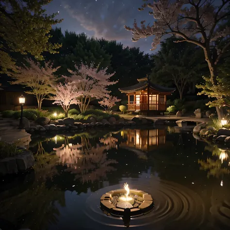 Create a pond at night scenary with cherry blossoms, peach tree, lilies and a whole man where its reflection can be seen at pond the architecture of pond be at yin and yang style with shrine near the pond 