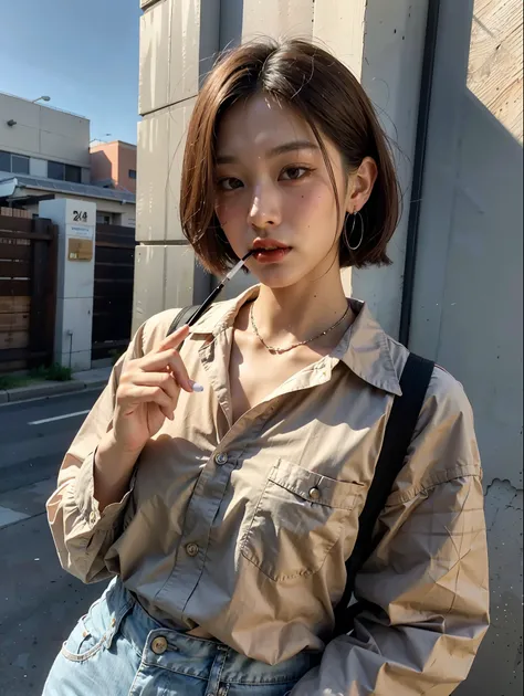 Westerner wearing ash-ish earth color shirt with right index and middle fingers smoking cigarette, cool brown eyes, sullen expression