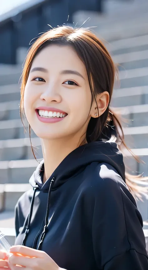 ８Ｋ、highest quality、Clear beauty、hoodie、smile、Beautiful teeth alignment、（Gums are visible）Black Hair、ear piercing、Upper Body、The background is a staircase

