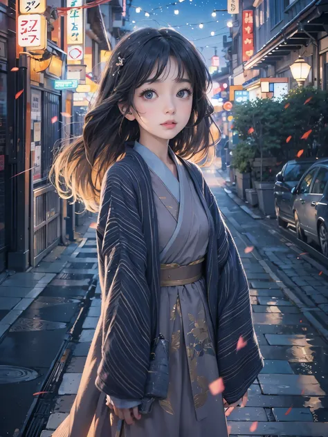 masterpiece, high resolution, illustration, kyoto animation style, your name is movie style, night, midnight, gentle light, bewitching light, (1 woman: 1.3), (solo: 1.6), long eyelashes, long wavy hair, nose_blush, closed_mouth, dynamic perspective, perspe...