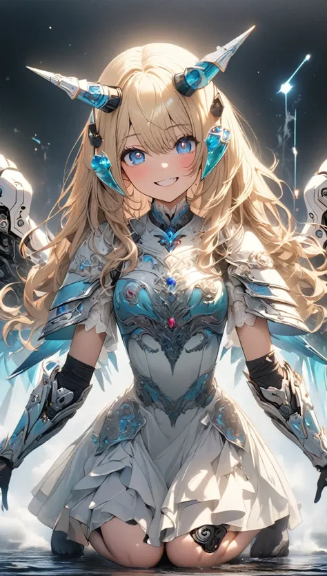 masterpiece, best quality, extremely detailed, high resolution, Japanese anime,1girl, gold hair, (medium length hair:1.4), curly hair, wavy hair, drill hair, (mechanical horn:1.5), mechanical wing, (blue eyes:1.5), (beautiful detailed eyes:1.4), laugh, 130...