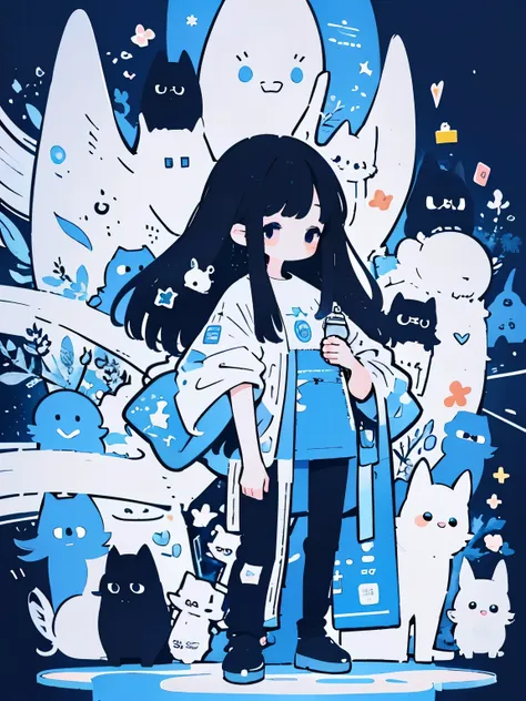 anime girl with long black hair and blue dress holds stars., cute art style, cute digital art, beautiful art illustrations, cute...