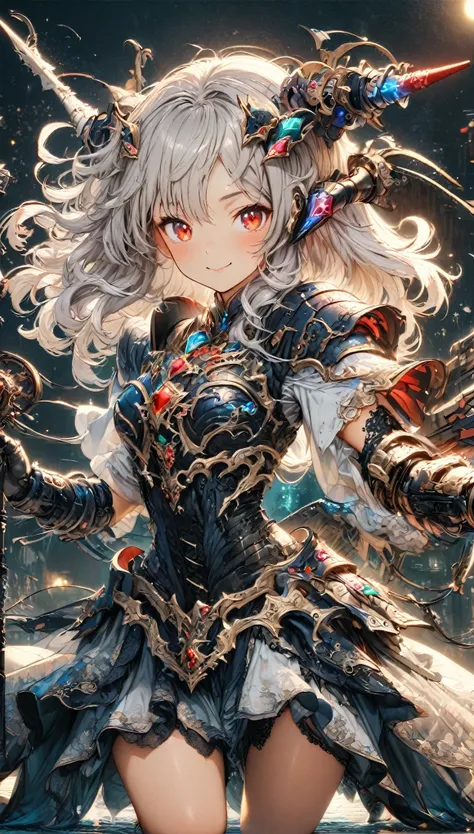 masterpiece, best quality, extremely detailed, high resolution, Japanese anime,1girl, Silver hair, (medium length hair:1.4), curly hair, wavy hair, drill hair, (mechanical horn:1.5), mechanical wing, (red eyes:1.5), (beautiful detailed eyes:1.4), laugh, 13...