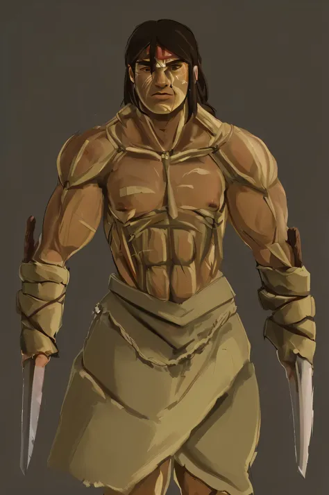Visualization of the Mapuche Hero legend: Unconquered spirit Galvarino - warrior, who laughed in the face of torture (The man carried iron hooks on his hands, replacing missing limbs with them) long blades replace hands, naked muscular body