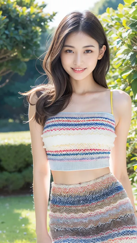 Japanese Girls、abroad、(（highest quality，masterpiece，超A high resolution）)，（Realistic：1.4），1 girl，Head to Knee，Dynamic posture，Adult face，slim，thin、(smile)，（Shiny skin），（overview，frontage，Twilight），Gray Hair，Long white hair，Rainbow Eyes，Large Breasts，Top Fas...