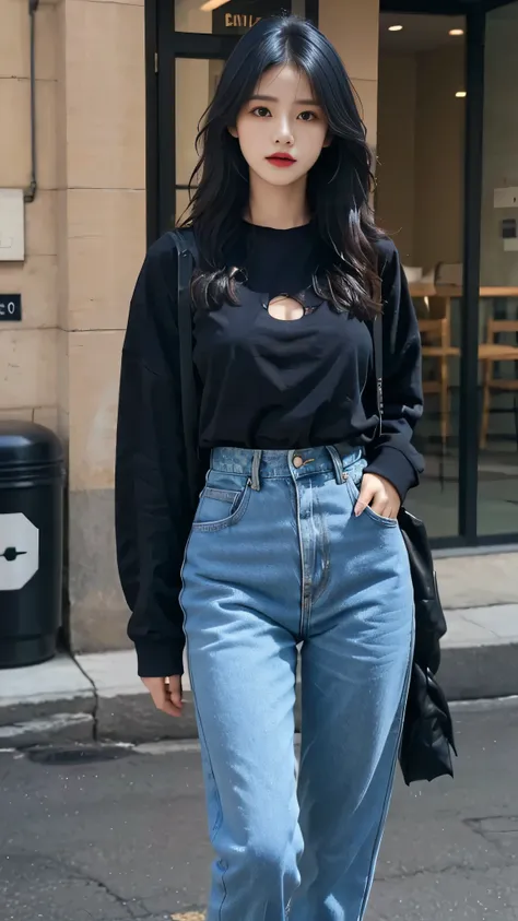 best quality,masterpiece,ultra high resolution,(actual:1.4),original photo,ultra high definition，8k, best quality, 1 Girl, dark blue hair, black eyes, long hair, Spiky hair, oversize t-shirt, jacket jeans, High waist jeans