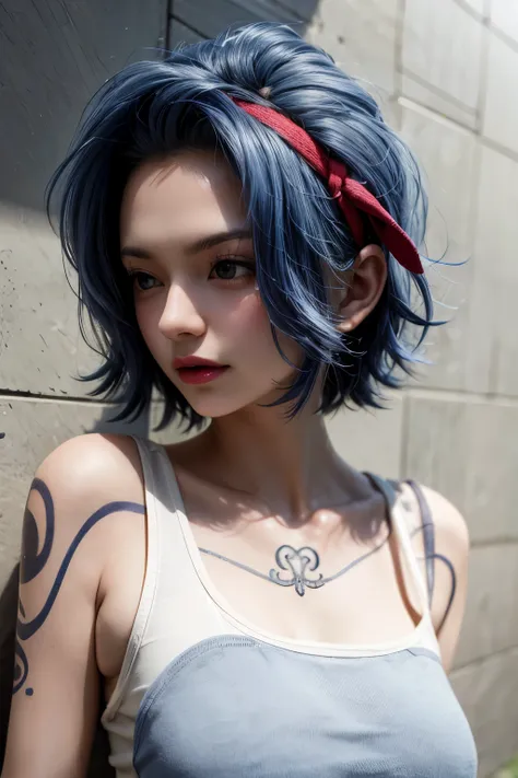 (masterpiece, highest quality), nojiko, hair band, tank top，blue hair color，赤いhair band