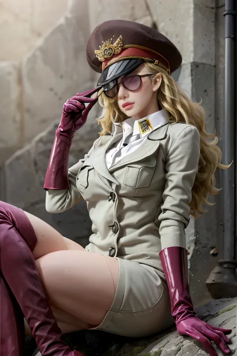 (masterpiece, highest quality),domino,have,hunting hat,uniform,gloves,sunglasses,sitting,naked,