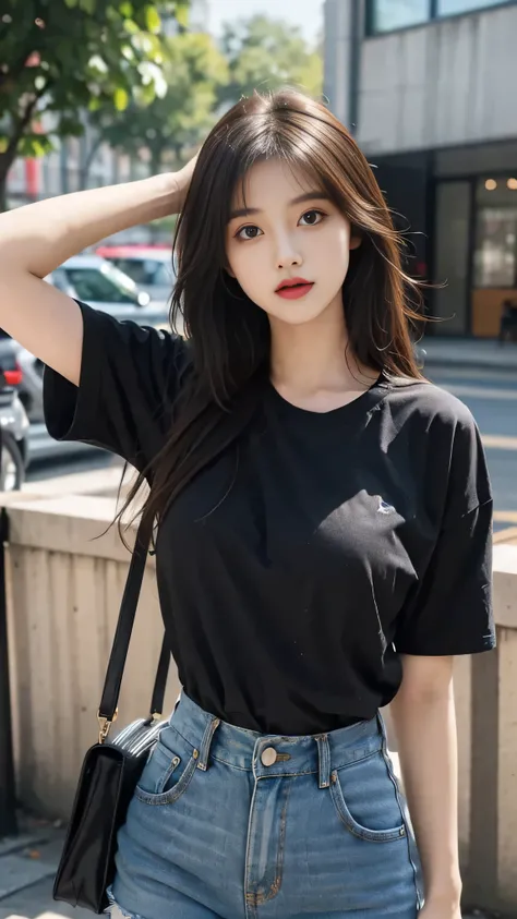 best quality,masterpiece,ultra high resolution,(actual:1.4),original photo,ultra high definition，8k, best quality, Blurred background,  1 Girl, dark brow hair, black eyes, long hair, Spiky hair, oversize t-shirt, High waist short jeans