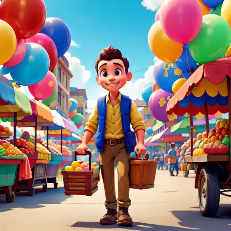 Image Prompt: A cheerful man with a cart full of colorful balloons in a busy market.*