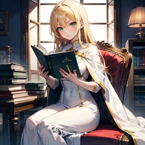 Anime Moe Art Style,highest quality,High resolution,Anatomically correct,One Woman,Twenty years old,Blonde,Super long hair,Straight Hair,Green Eyes,Super detailed,Fantasy Style,witch,White cloak with gold trim,A long dress with a green base,Medium sized br...