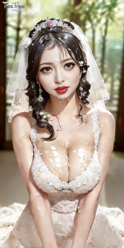 (highest quality, Tabletop:1.2), (Realistic:1.3), (Very detailed background, Detailed Background), Bokeh, ((Very large breasts bigger than a face:1.65)), ((Tense cleavage)),(((Tarako lips:1.65))), (Princess line wedding dress:1.43),Bridal Tiara, show, Brid...