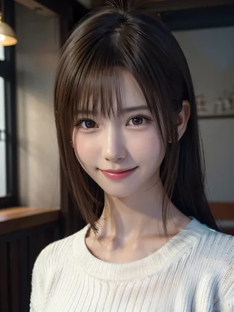 1 Japanese girl,(White sweater:1.4), (RAW Photos, highest quality), (Realistic, Realistic:1.4), Tabletop, Very delicate and beautiful, Very detailed, 8k wallpaper, wonderful, In detail, Very detailedなCG Unity, High resolution, Soft Light, Beautiful details...