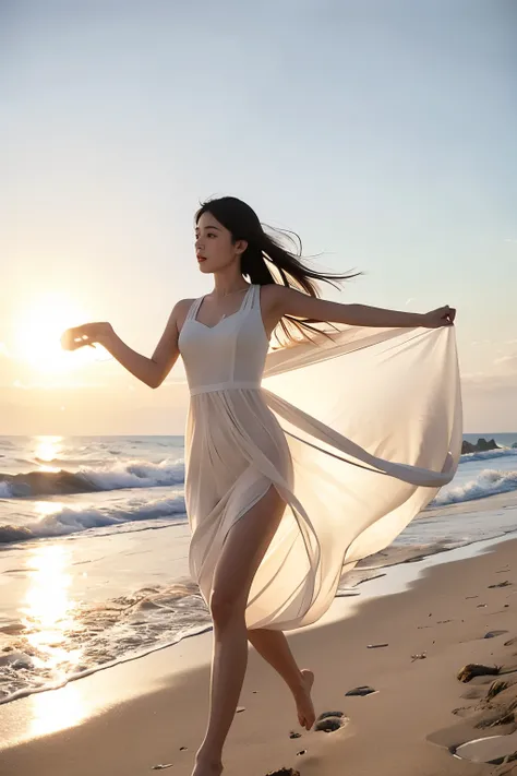 Running on the beach, (masterpiece, highest quality:1.2), One girl,, alone, Delicate face, White skin woman, See-through silhouette, White Dress, whole body, Outdoor, 