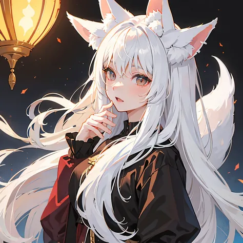 Adult female, Long white hair, Fox Ears, Fox&#39;s Tail, Golden Eyes, black and white eyes, kimono, smile, Tabletop, high quality、Face Tattoos