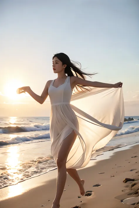 running on the beach, (masterpiece, highest quality:1.2), one girl,, alone, delicate face, white skin woman, see-through silhoue...