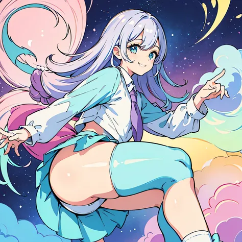 masterpiece, highest quality, Pop illustrations, Pop colors, Pastel Tones, pastel colour,Big Butt,Wizard,Miniskirt,smile