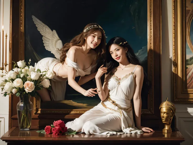 full body portrait or statue、Sandro Botticelli painting style,Arguments of two female Philosophe,math、astronomical machine、astronaut、roses in vase、fruits、Cute trinkets、smile、ancient greek costume、Ancient Roman landscape in the style of Nicolas Poussin,laug...