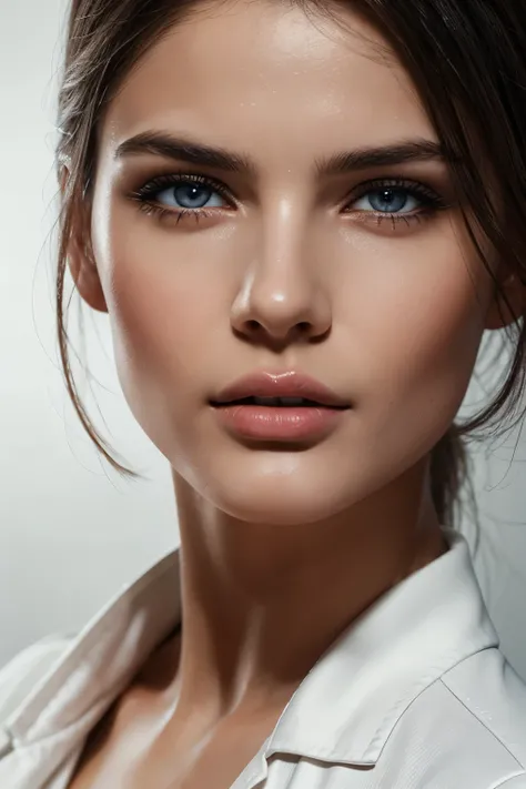 Russian female, model, white shirt, detailed eyes and lips, brown eyes, black hairs textured realistic skin,long eyelashes, beautiful appearance, confident pose, studio lighting, best quality, masterpiece:1.2, ultra-detailed, realistic, vibrant colors, in ...