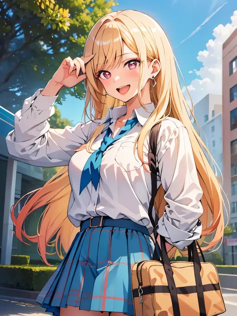 (((Obra maestra))), Full HD, Marinkitagawa, 1 chica, pelo largo, mirando al espectador, rubor, sonrisa, abre la boca, Falda, blonDe hair, pechos grandes, camisa, reD eyes, 1 chico, holDing, escote, joyas, , white camisa, :D, pleateD Falda, pendientes, outD...