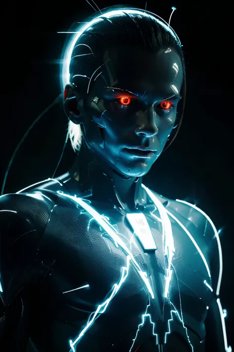 futuristic human man body glowing and shining like electricity from body to head