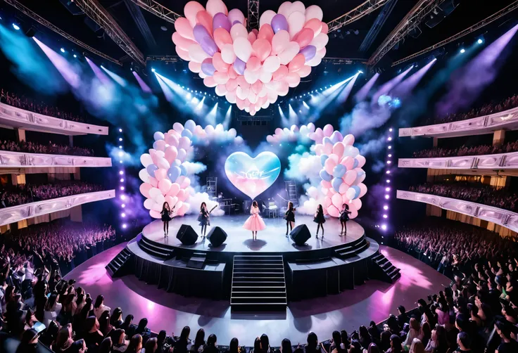 from above, dutch angle, masterpiece, idol group concert, stage, dome-shaped, various images projected onto the ceiling, luxurious stage set, heart balloons, star balloons, pastel-colored stage, flashy and glittering lighting, exploding magnesium, smoke, (...