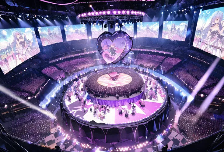 from above, dutch angle, masterpiece, idol group concert, stage, dome-shaped, various images projected onto the ceiling, luxurious stage set, heart balloons, star balloons, pastel-colored stage, flashy and glittering lighting, exploding magnesium, smoke, (...