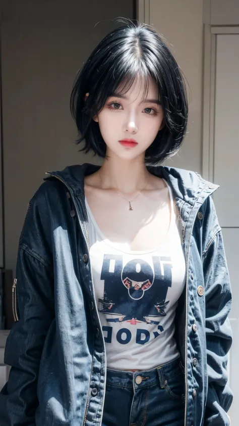 best quality, 1 Girl, dark blue hair, black eyes, Very short hair, Spiky hair, oversize t-shirt, blue jacket , High waist short jeans, 171 cm, Messy hair, Hair between the eyes, Medium breasts, full, Tomboy, aldult, 20 years old, 1 Girl