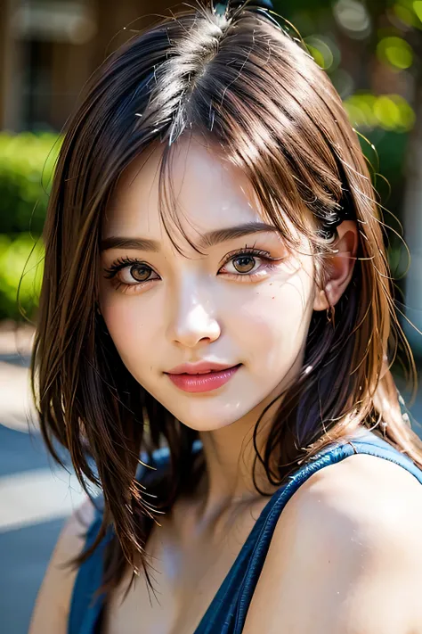 (8k, RAW Photos, highest quality, masterpiece, Realistic, Realistic), (1 female), (Ultimate beauty), Highly detailed face, (Perfect Teeth), Beautiful Eyes, double eyelid, eyelash, smile, Lip details, (Neat brunette bob), The light shines on your face, Big ...