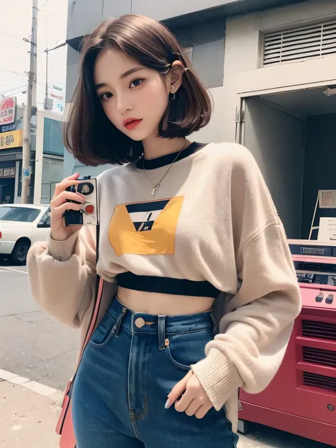 (aesthetic,girl,portrait), korean, short hair, pale skin, looking at viewer, straight hair, dark brown hair, brown eyes, 80s-style clothes, holding a cassette tape or boombox, detailed eyes and face, fashionable outfit, vintage style, retro fashion, vibran...