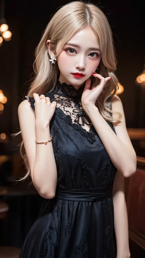 One girl, Long Hair, Light Hair Color, Seductive eyes, Mysterious look, Mature Appearance, Attractive dress, loose fitting dress, Elegant Jewelry, Intricate decoration, Magic symbols, Glowing Accessories, Portion, Scroll, Cute accent, bow, ribbon, Flowers,