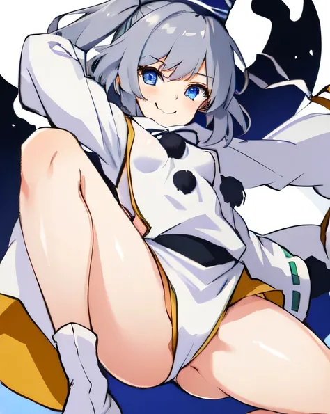 mononobe no futo, One Girl, Long sleeve, Sleeves edged with ribbon, Gray Hair, blue eyes, 
Underbust,  Small breasts, Spread your legs,Butt,Thighs,Plump，milk,Underarm,Underbust，vapor，High Leg，Low Angle,smile，Spread your legs，