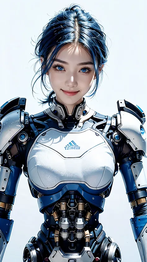 Best quality: 1.0), (super high resolution: 1.0), Korean, short blue hair, blue eyes, smiling, looking at viewer, cyborg, ((white background )), mechanical arms, mechanical 