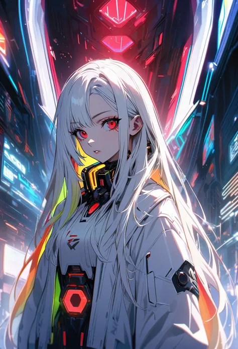 Handsome, Solitary, 1 female, Long hair, white hair, Rainbow hair,The glowing red reactor core， Red eyes, White clothes, Futurism, Cyberpunk, Cybernetic