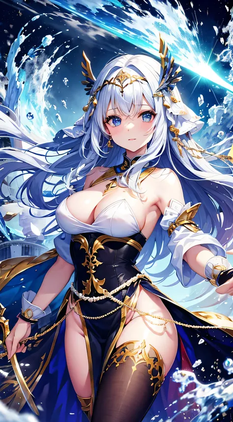 Draw the Sword of Snowy Mountain, Ancient women&#39;s cold ice flame sword, A sword blazing with blue flames in hand, A sword in white dancing in the snow, long hair fluttering, Beautiful woman holding a silver sword, Wearing jade jewelry, Her face is full...