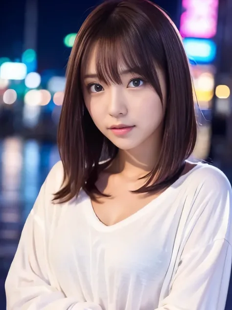 A beautiful Japanese shy girl, age 18 years old, short brown hair, brown big eyes, shiny lip, shiny hair, wearing long sleeve v-neck white shirts, rainy night scape, neon light shine in, The background is very blurry, whole body picture,