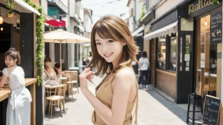 super high quality, Short Hair, Slender, Gravure photoshoot, The staff is working at the counter in the back., (8k、RAW Photos、highest quality、masterpiece:1.2), Japanese Idol, Sportswear, Stylish café, The cafe is crowded with people enjoying themselves., (...