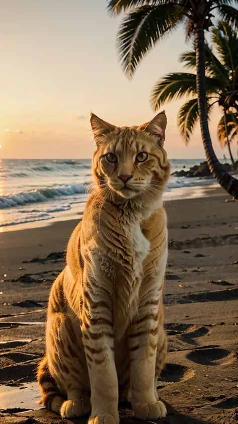 a big fluffy yellow cat taking selfie in a beach, sunset, establishing shot, pastel color grading, depth of field cinematography effect, film noir genre, 8k resolution, high quality, ultra detail