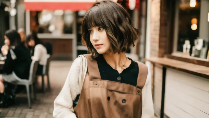 super high quality, Fashion Model, short hair, thin, (8k、RAW Photos、highest quality、masterpiece:1.2), Japanese Idols, Serious expression, Shaggy, Brown Hair, Stylish cafe, Fashion magazine shooting, People having fun at cafe々々Bustling., (Realistic、Realisti...