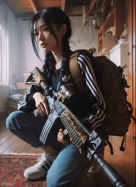 8K, realistic photo, realistic skin texture, Beautiful Japanese female vigilante living in America, A little bit into the future, 2050 AD, one braid, adidas track jacket, tactical backpack, torn denim pants, carrying a rifle on shoulder, graffitied old apa...