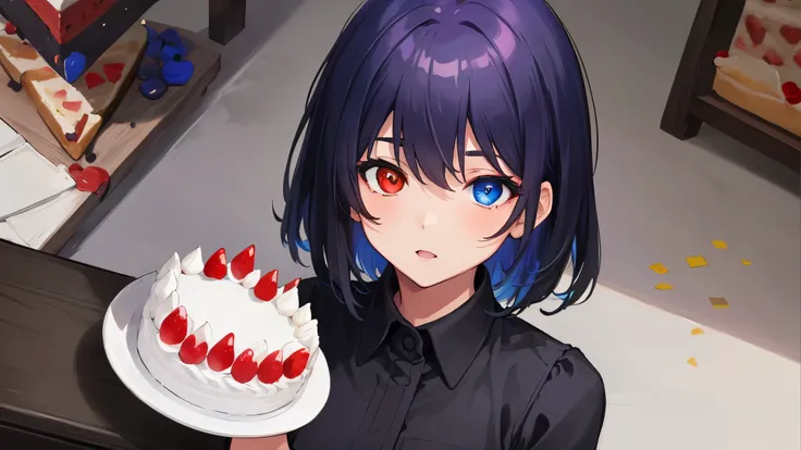 (masterpiece, highest quality, Very detailed, Best Shadow), (Beautifully detailed face), High Contrast,1girl,only,short hair,purple hair,heterochromia(red eyes,blue eyes),Upper Eye,The clothes are mainly black,High exposure,whole body,birthday cake