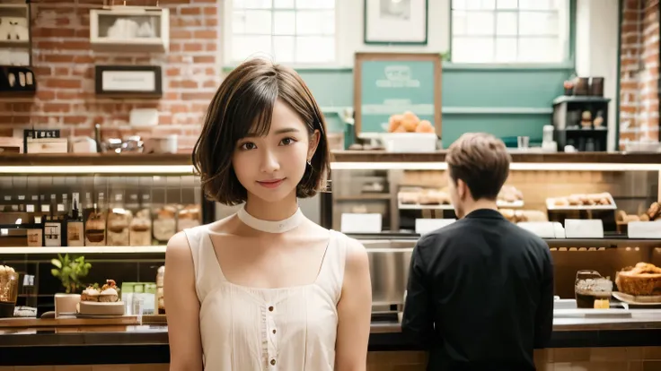 super high quality, short hair, thin, Photography Sculpture, The staff is working at the counter in the back.., (8k、RAW Photos、highest quality、masterpiece:1.2), Japanese Idols, Shaggy, Stylish cafe, (Realistic、Realistic:1.37), Mesh Hair, choker, Normal che...