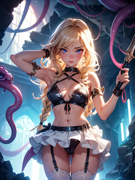 nsfw,Master piece,best quality,ultra-detailed,high resolution,octane render,valkyrie,blonde hair,shining hair,(1 girl),beautiful girl,beautiful mature face,panty shot, ((detailed cameltoe)),white side-tie panties,garter belt,bare shoulders,seductive young ...