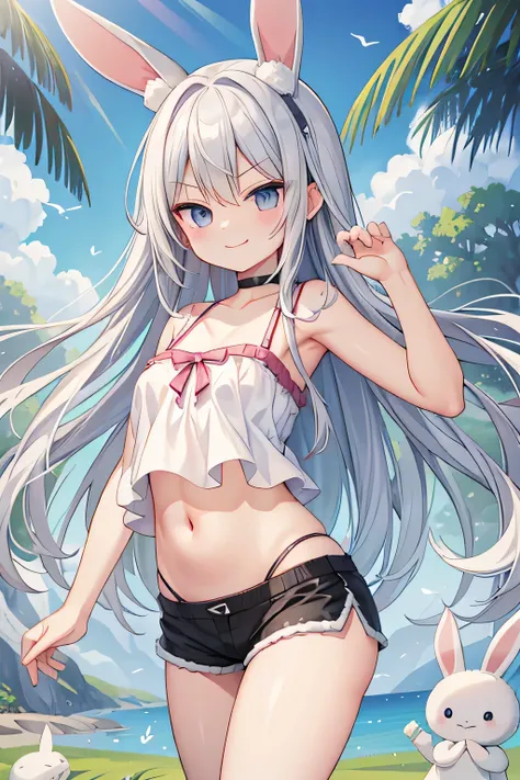 highest quality、Smirking face、belly button、White bunny ears、Long silver hair、camisole、Shorts、grassland