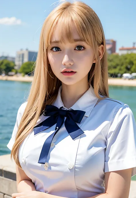 Bust Shot, Sailor suit, uniform, Very beautiful 16 year old girl, Shining, dazzling, shiny, white, beautiful skin, Beautiful Bangs, Beautiful platinum blonde with very long, straight, silky hair, Super long straight hair, eyeliner, Beautiful, sparkling, cl...