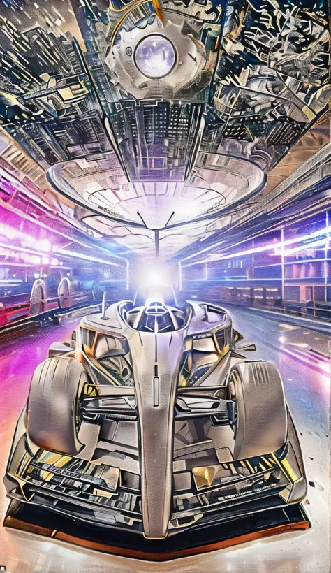 there is a digital painting of a futuristic car in a futuristic setting, cyberpunk garage on jupiter, in a futuristic spaceship, in style of futurism.digital art, in a futuristic arena, retrofuturistic digital painting, futuristic space ship interrior, gat...