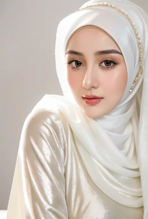 RAW photo of a 24 year old girl wearing hijab, ,satin white satin, hijab face portrait, neutral background, 8k uhd, dslr, soft lighting, high quality, film grain, Fujifilm XT3, covered dress, decent dress, big tits:1.5