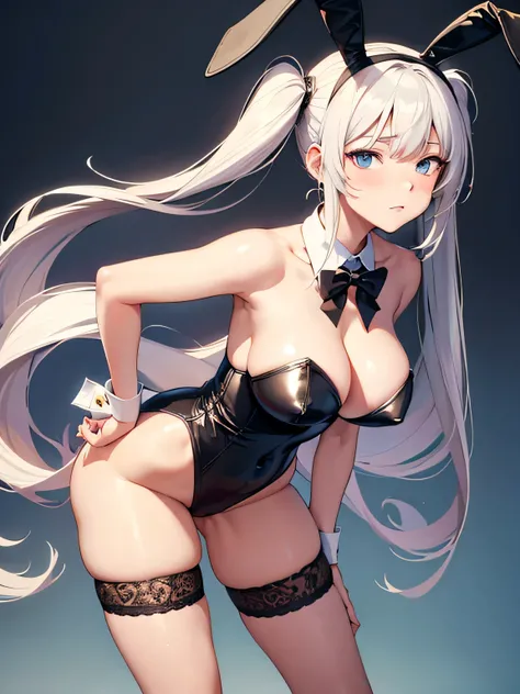 masterpiece, best quality, ultra detailed,1 girl , long hair, twin tails, playboy bunny, leaning forward, put hands hip